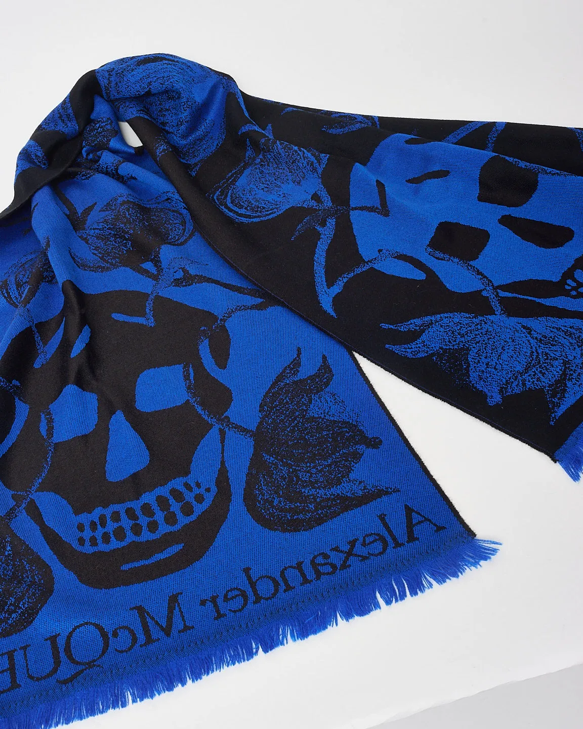 Alexander McQueen Blue Skull & Leaf Print Knit Scarf