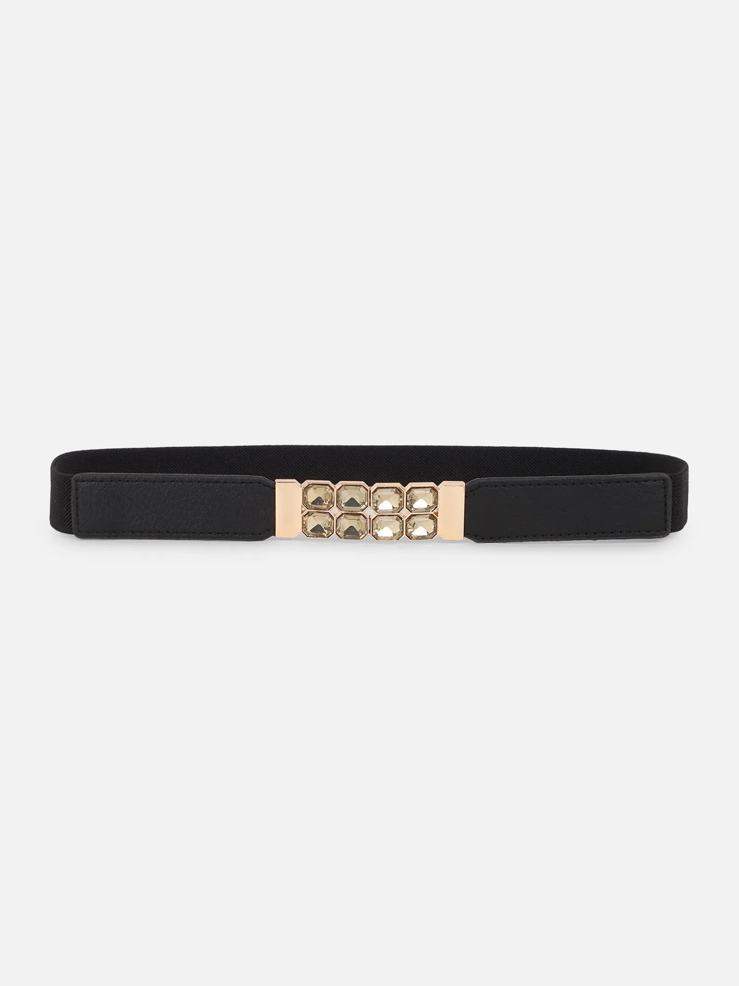 Berrylush Women Solid Black Golden Embellished Diamond Studded PU Nylon Interlock Regular Slim Belt