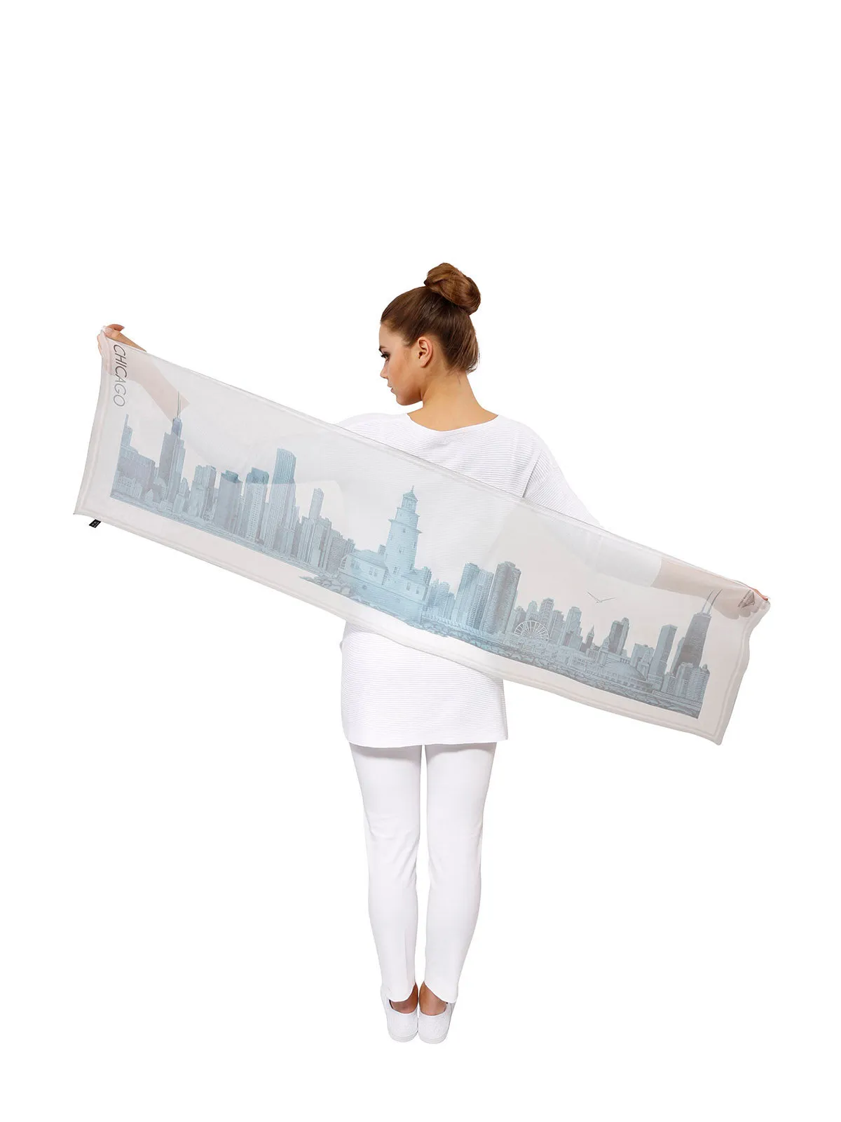 CHICAGO Skyline Designer 100% Silk Georgette Long Rectangle Scarf in Blue White