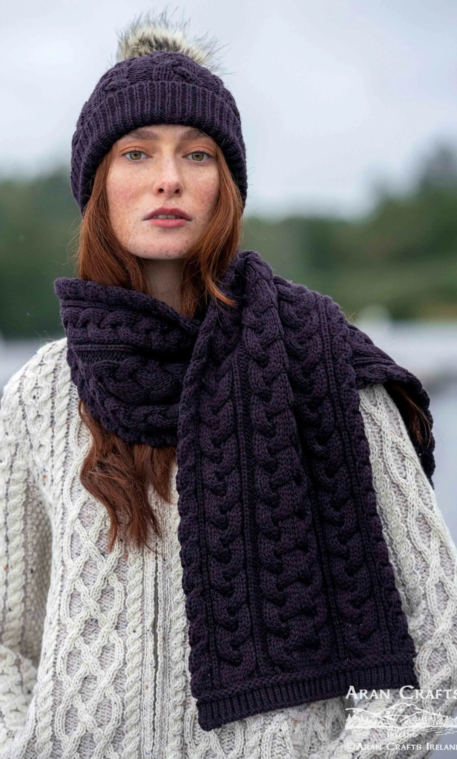 Chunky Cable Knit Aran Scarf | Plum