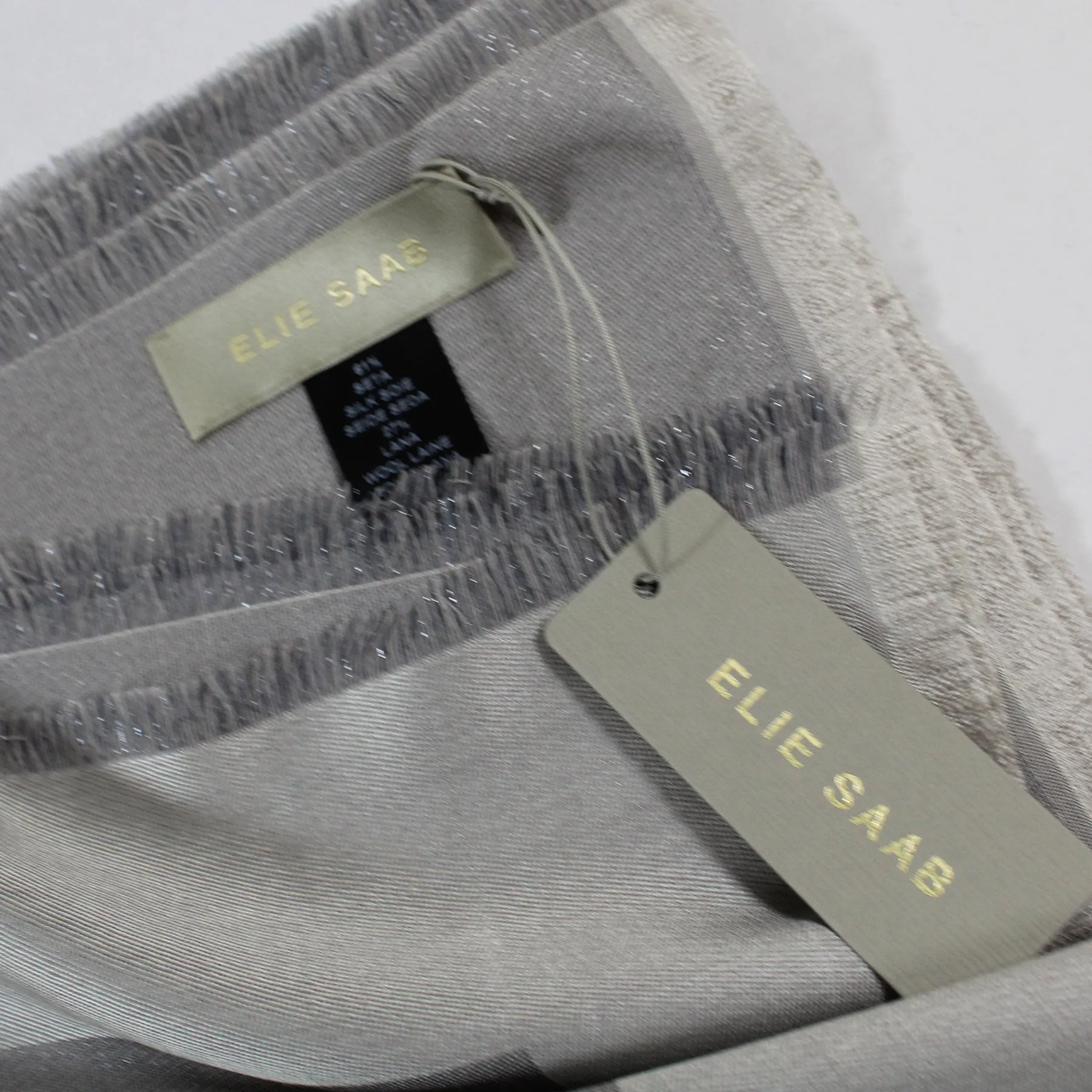 Elie Saab Scarf Gray Solid With Tonal Center Logo - Extra Large Wool Silk Wrap