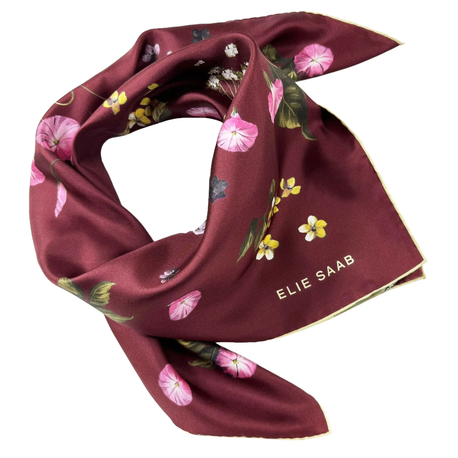 Elie Saab Silk Scarf Maroon Floral - Twill Silk Foulard