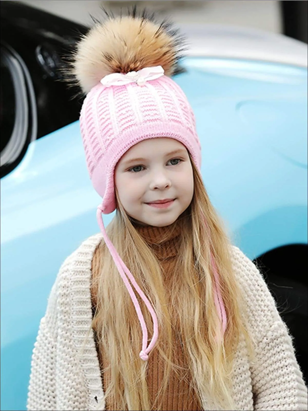 Girls Casual Fall Cable Knit Pom Pom Beanie