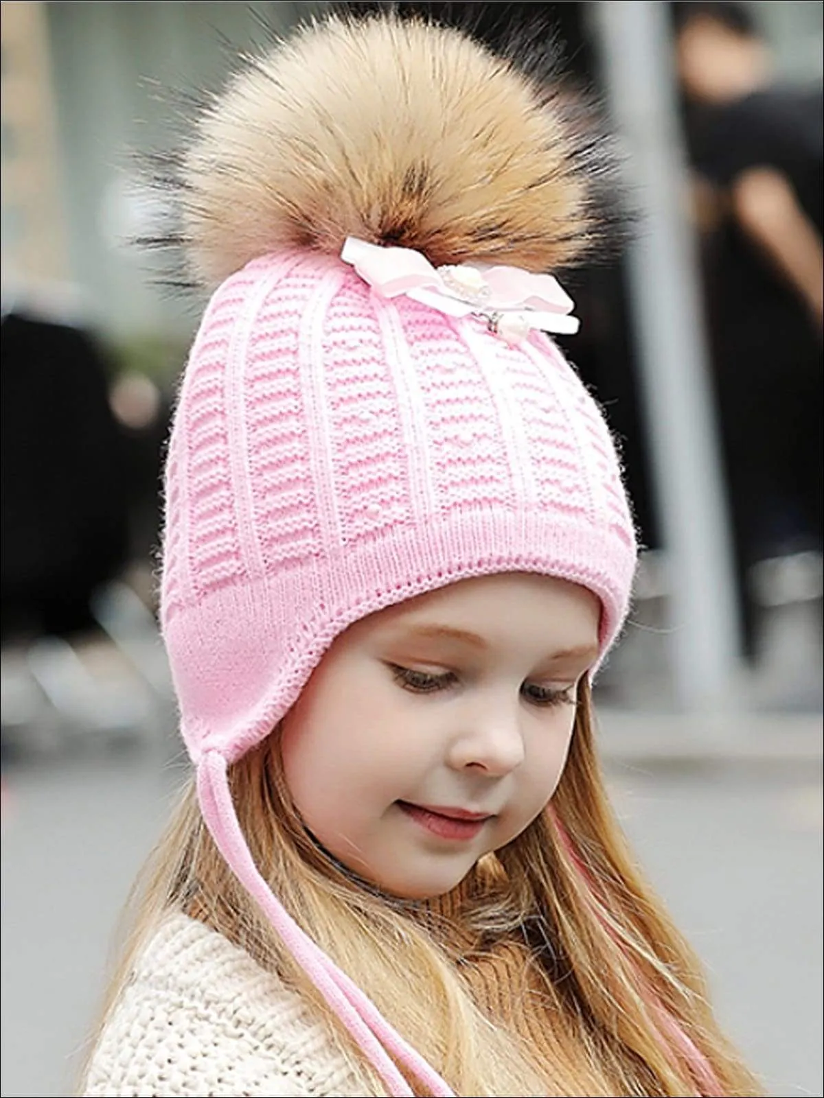 Girls Casual Fall Cable Knit Pom Pom Beanie