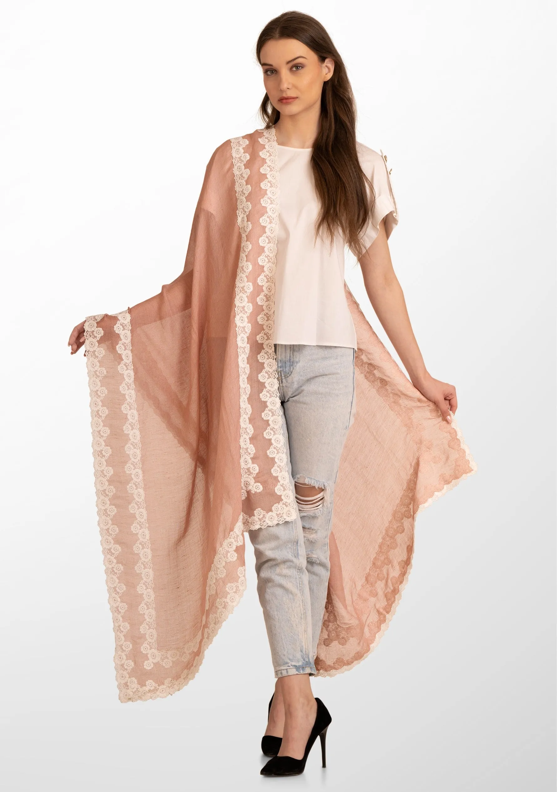 Lt. Copper Linen and Modal Scarf with a Double White Lace Border