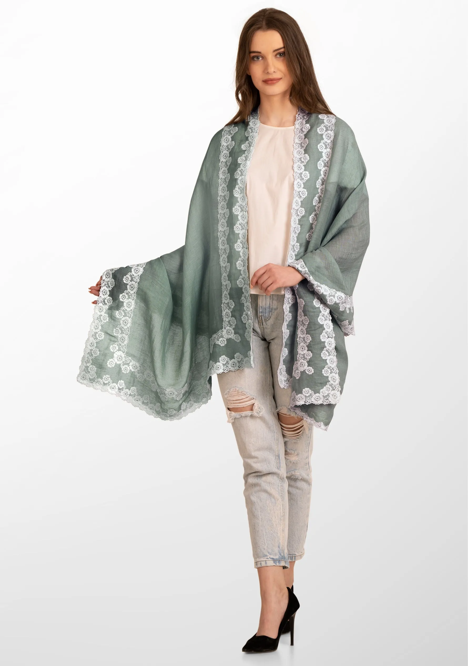 Lt. Sage Green Linen and Modal Scarf with a Double White Lace Border