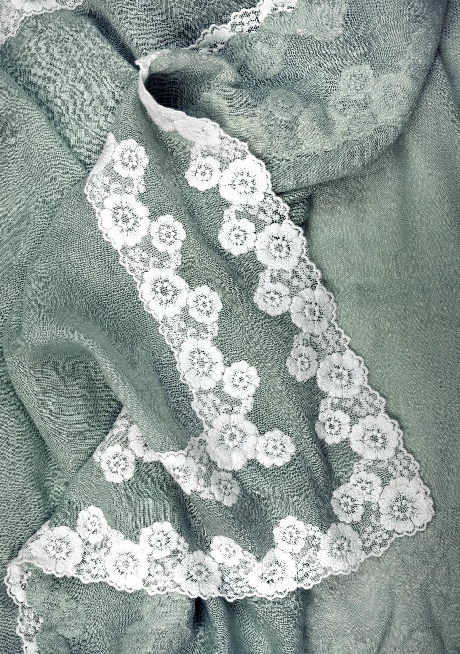 Lt. Sage Green Linen and Modal Scarf with a Double White Lace Border