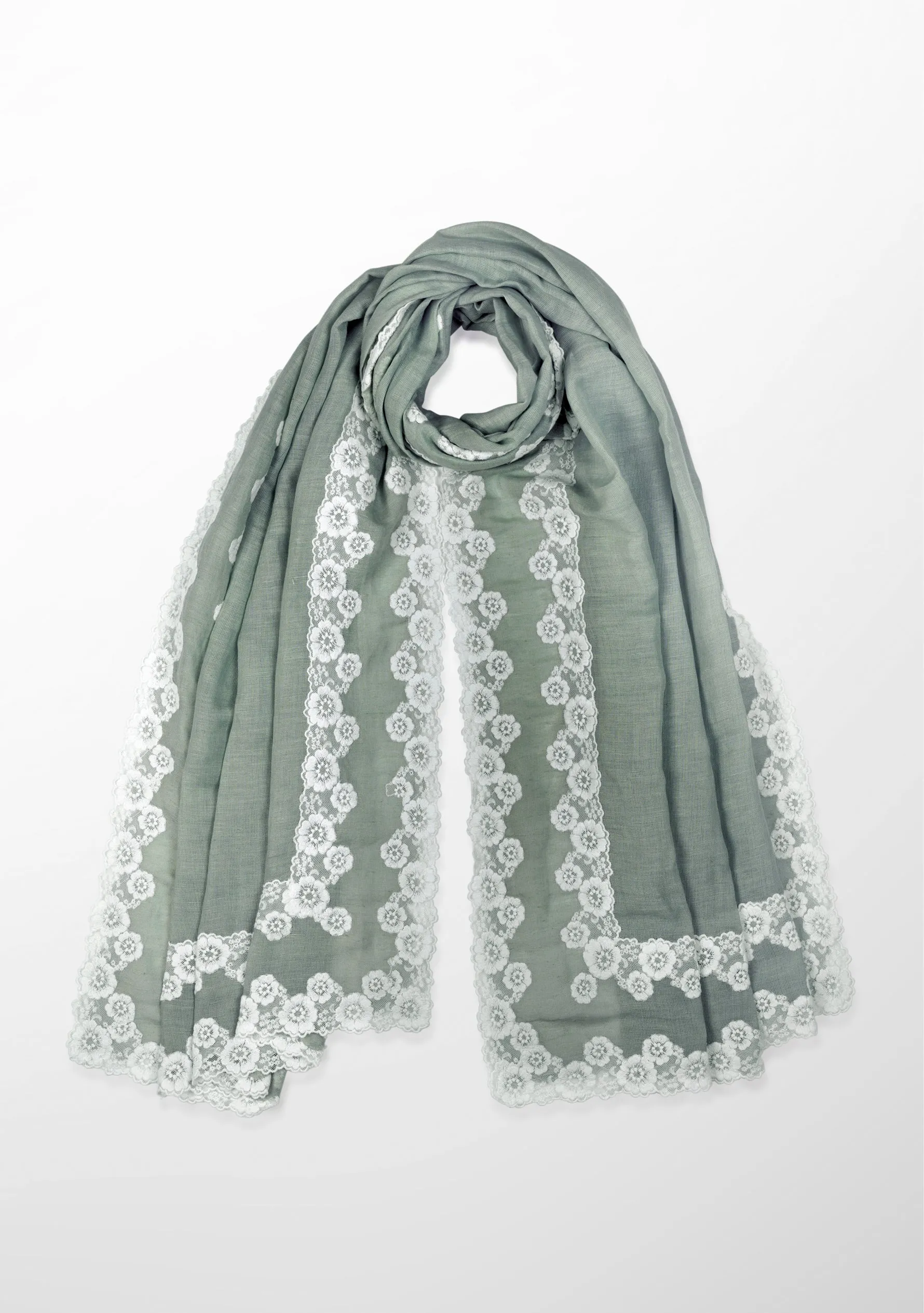 Lt. Sage Green Linen and Modal Scarf with a Double White Lace Border