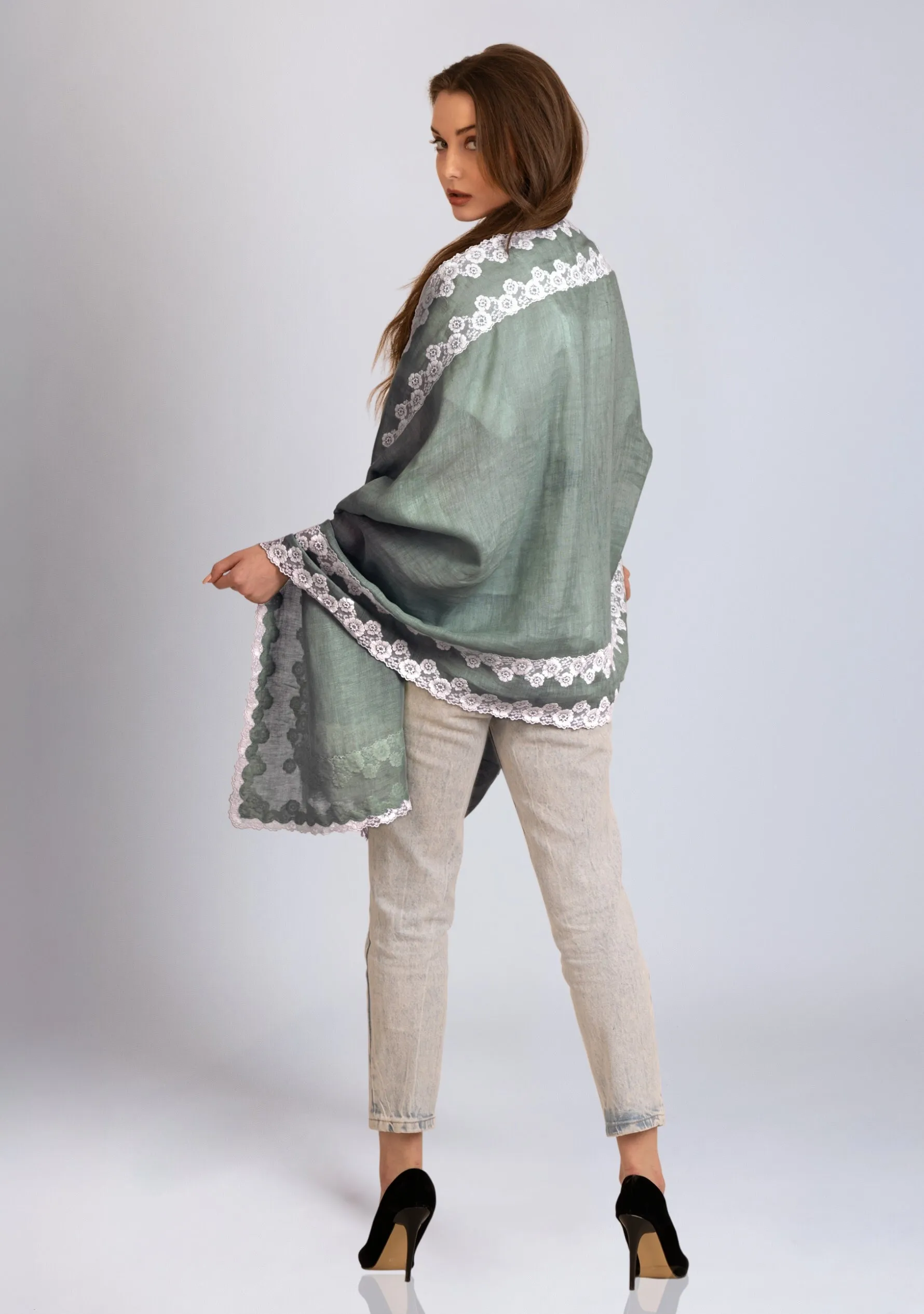 Lt. Sage Green Linen and Modal Scarf with a Double White Lace Border