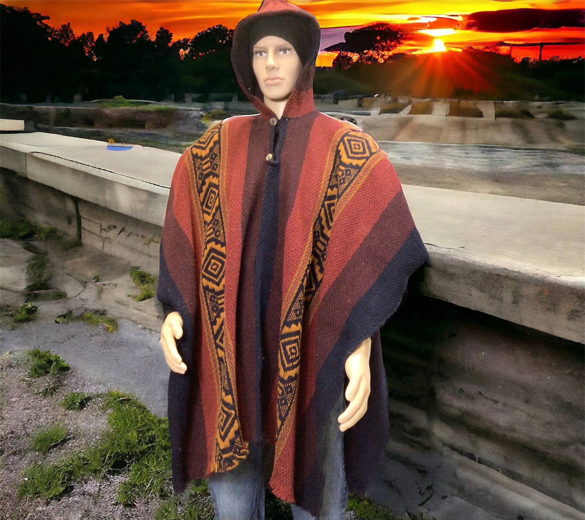 Men's Indigenous Red fair trade poncho