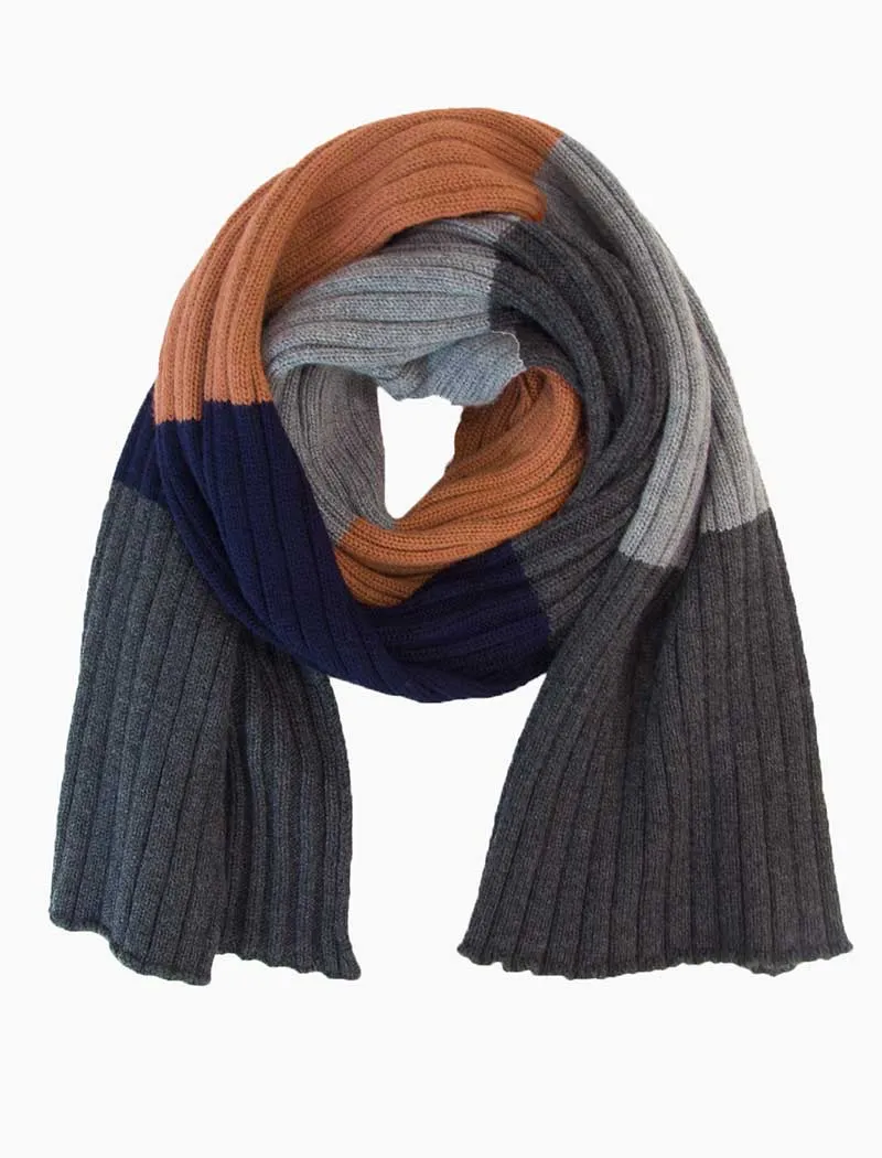 Navy Colour Blocked Ribbed Knitted Wool Scarf