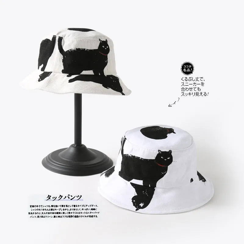 Printed Black Cat Bucket Fisherman Hats