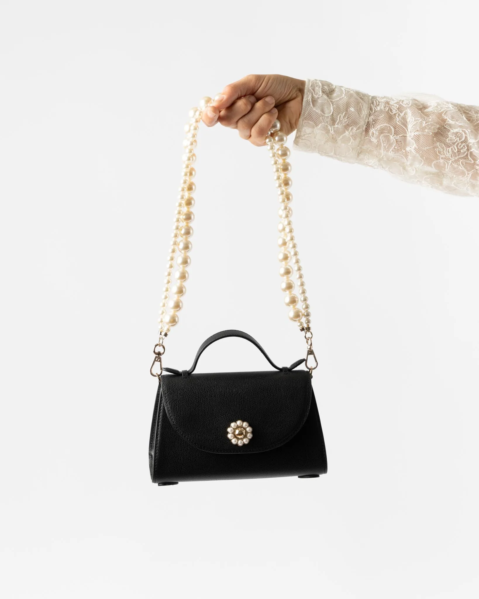 Simone Rocha Pochette Valentine Bag with Pearl Crossbody Strap in Black/Pearl