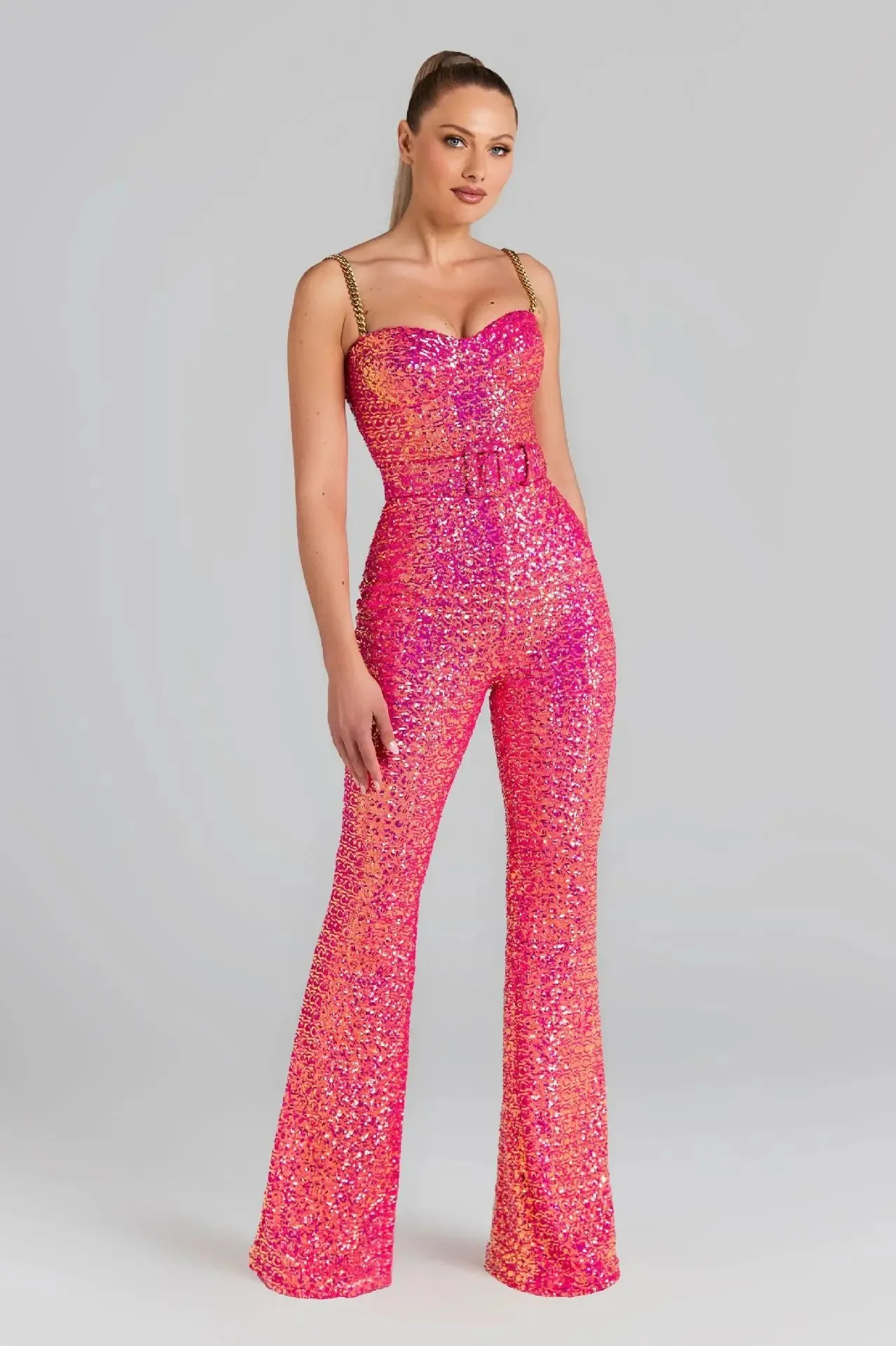 Sleeveless Sequins Spaghetti Strap Belted Wide Legs Jumpsuits