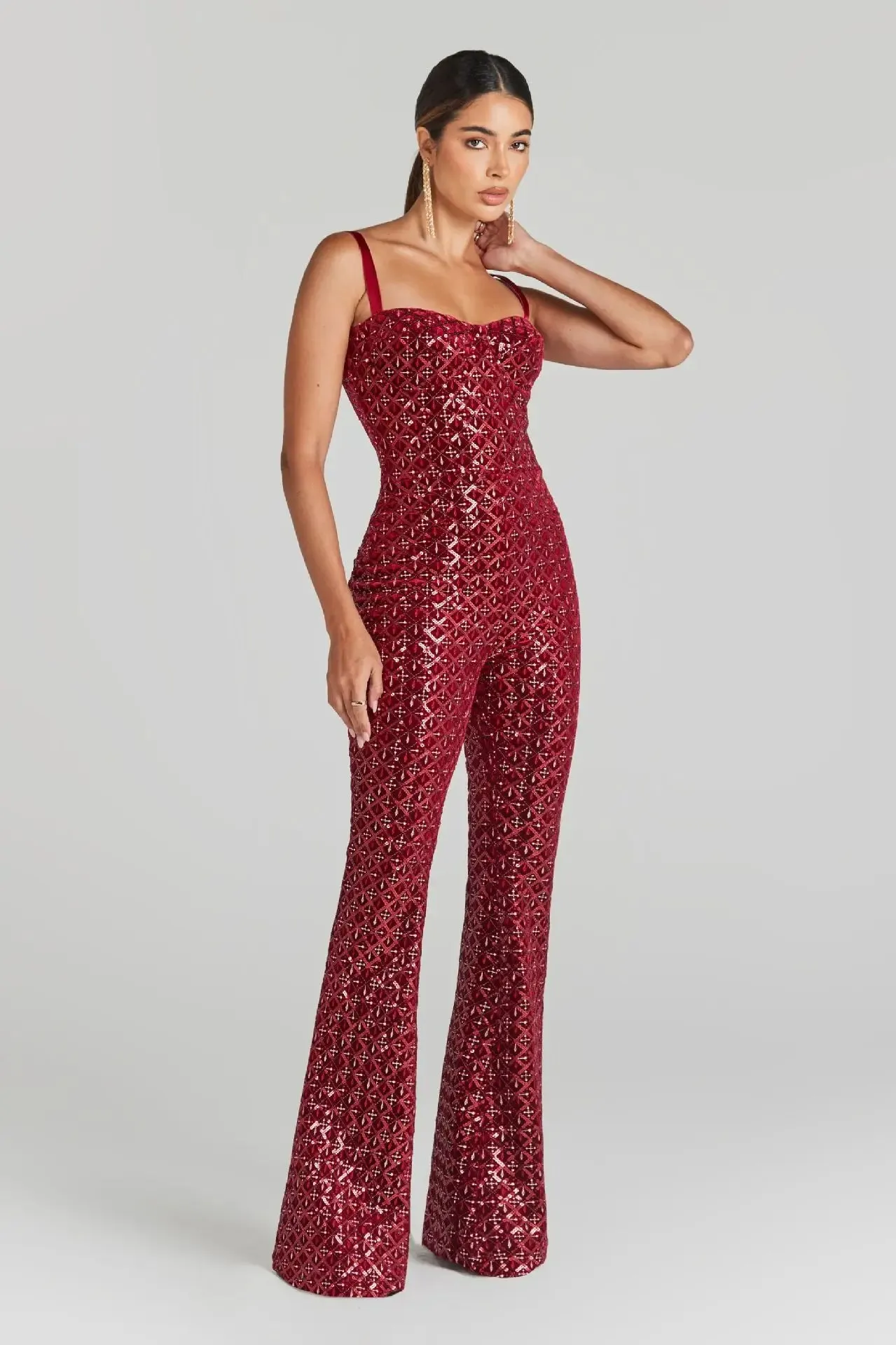 Sleeveless Sequins Spaghetti Strap Belted Wide Legs Jumpsuits