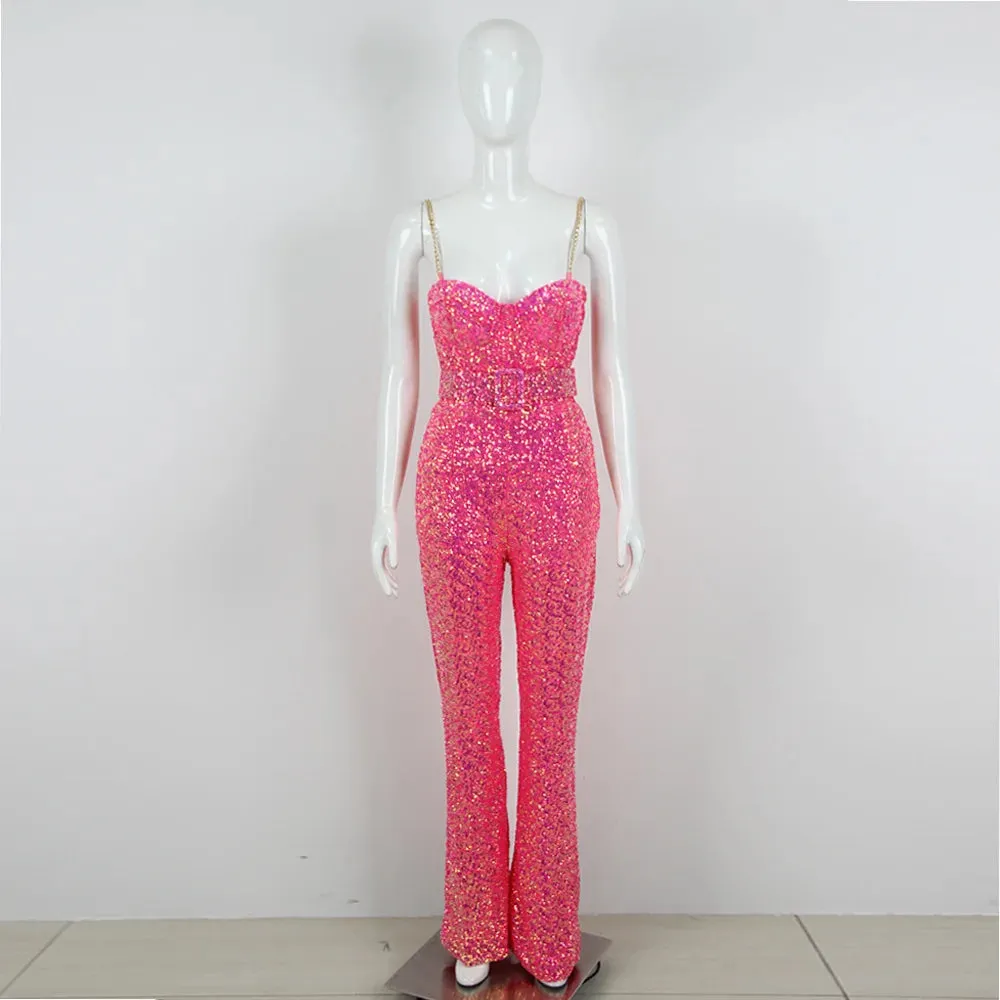 Sleeveless Sequins Spaghetti Strap Belted Wide Legs Jumpsuits