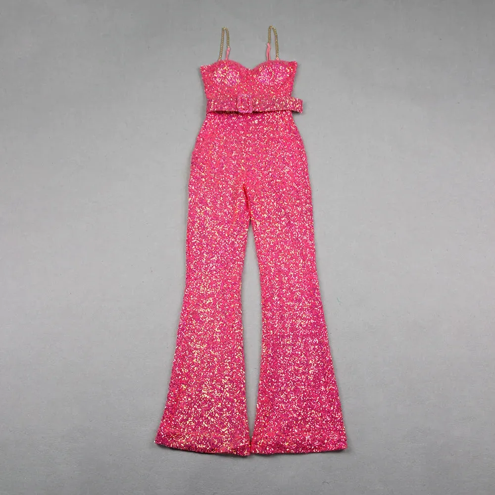 Sleeveless Sequins Spaghetti Strap Belted Wide Legs Jumpsuits