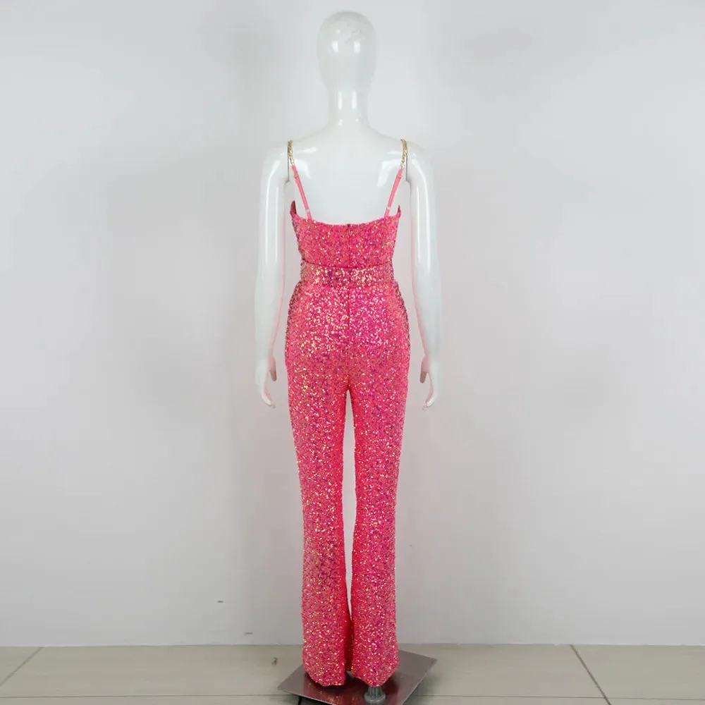 Sleeveless Sequins Spaghetti Strap Belted Wide Legs Jumpsuits