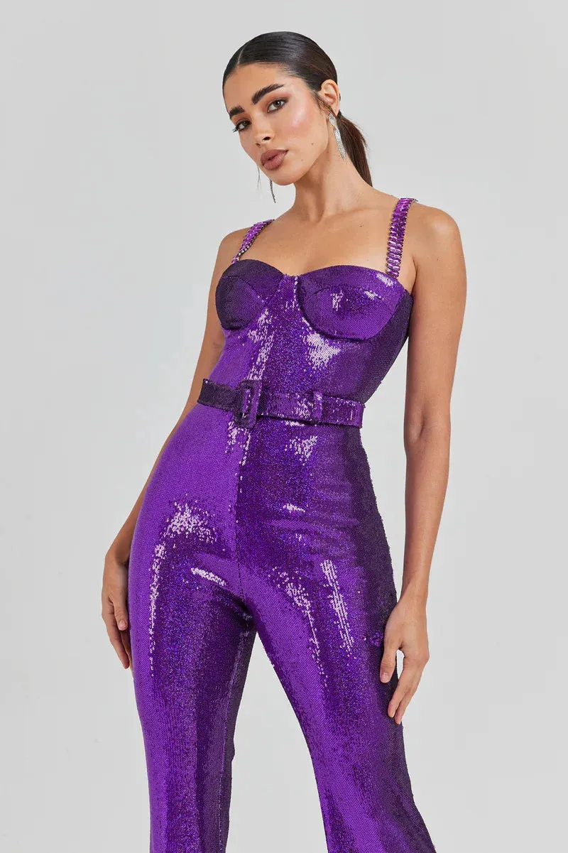 Sleeveless Sequins Spaghetti Strap Belted Wide Legs Jumpsuits