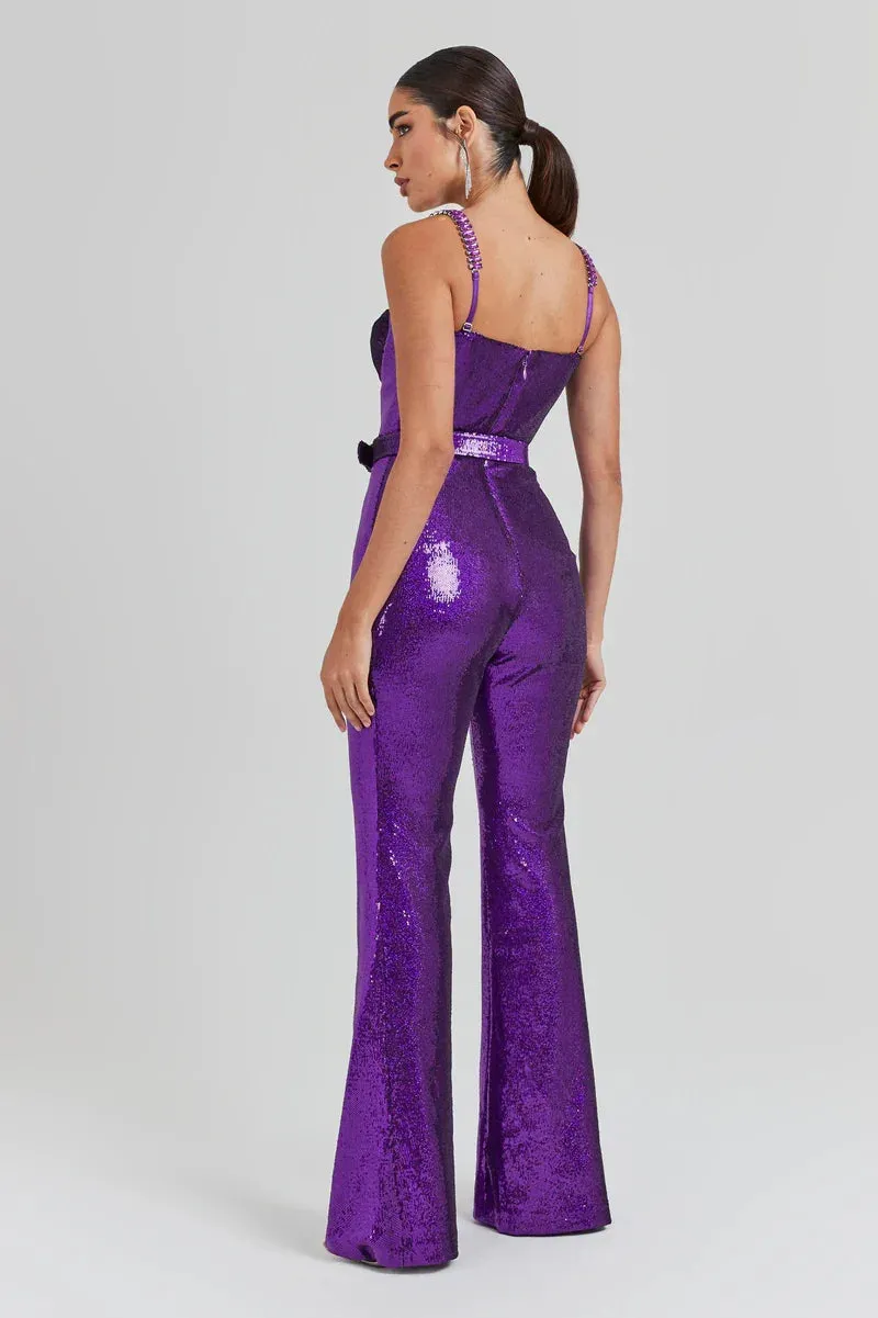 Sleeveless Sequins Spaghetti Strap Belted Wide Legs Jumpsuits