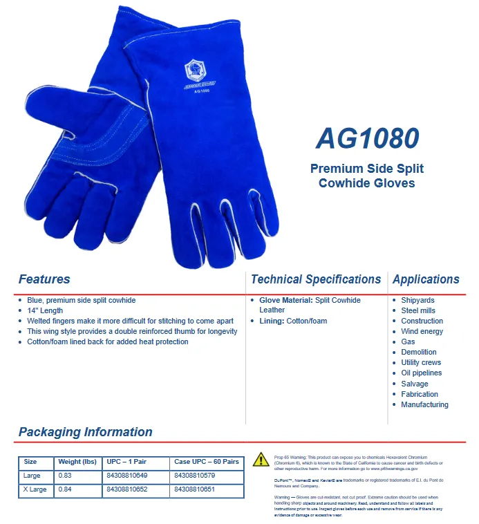 Stick Welding Glove - Side Split Cowhide - Durable, Blue, - 14” - AG1080