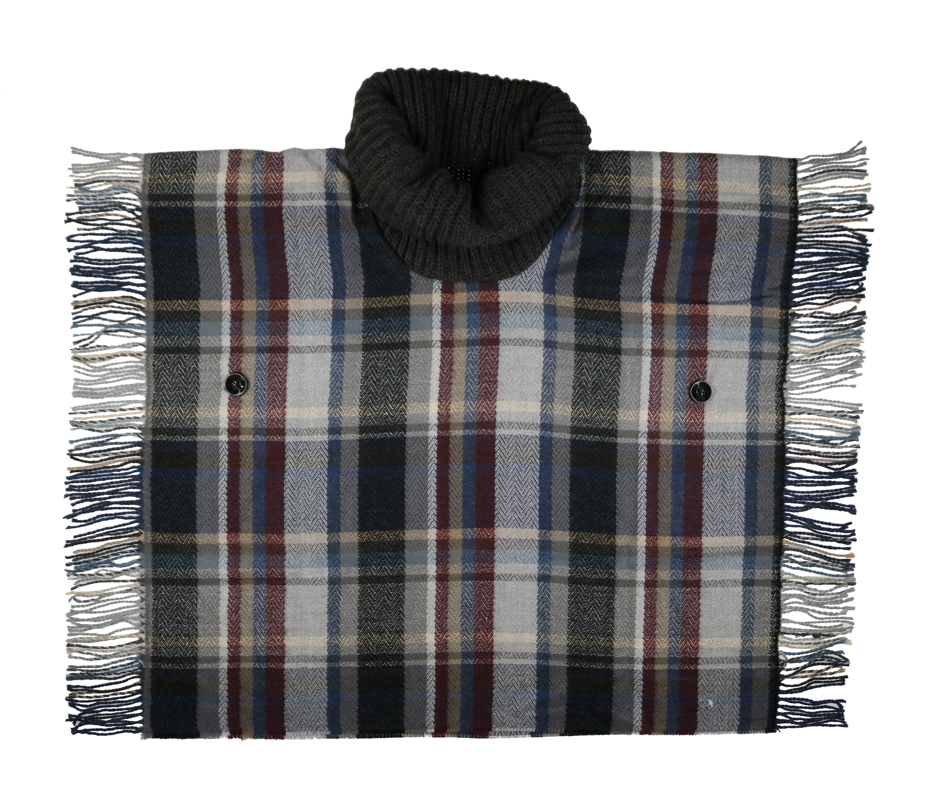 Tartan Cowl Neck Side Fringe Poncho