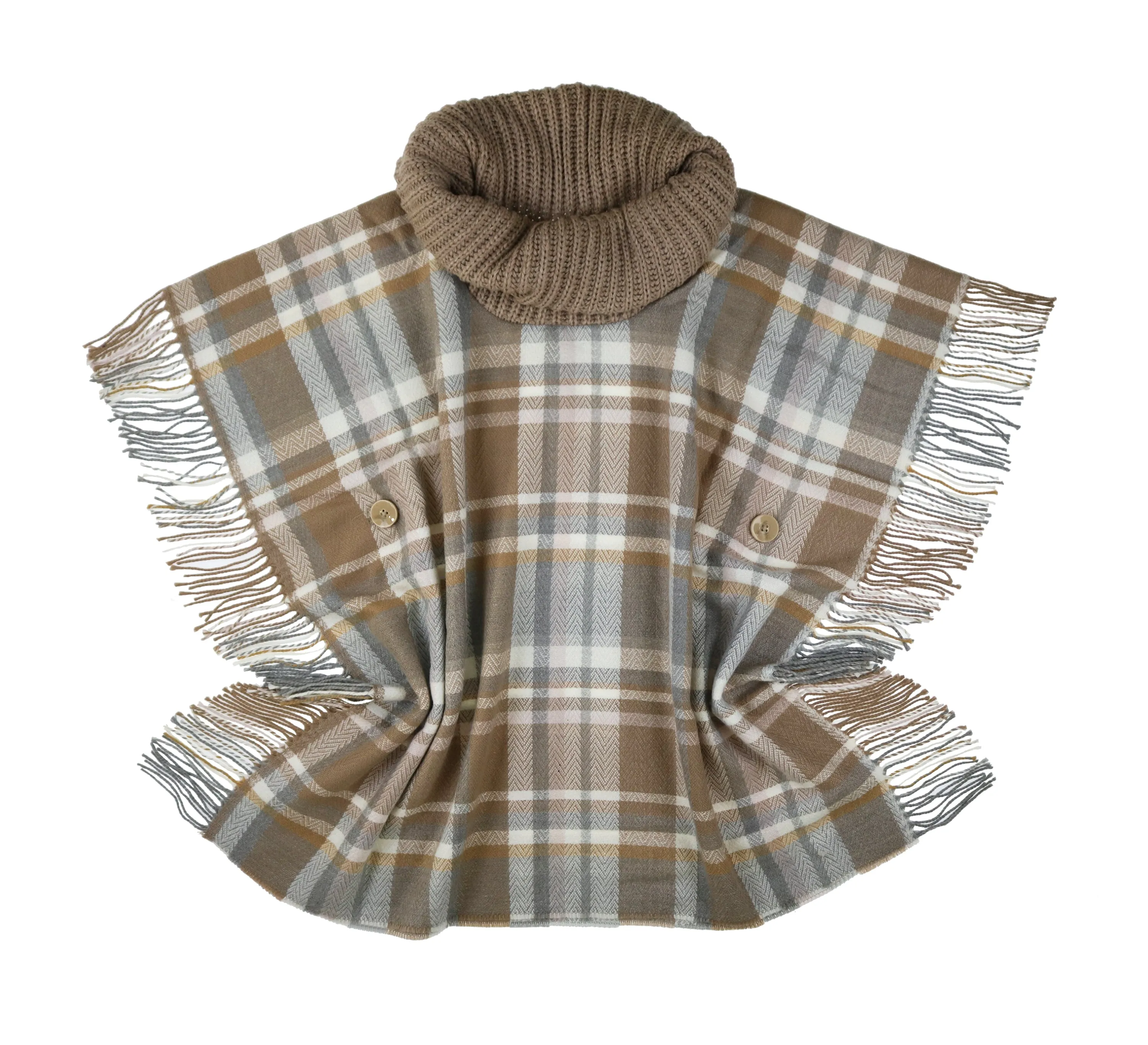 Tartan Cowl Neck Side Fringe Poncho