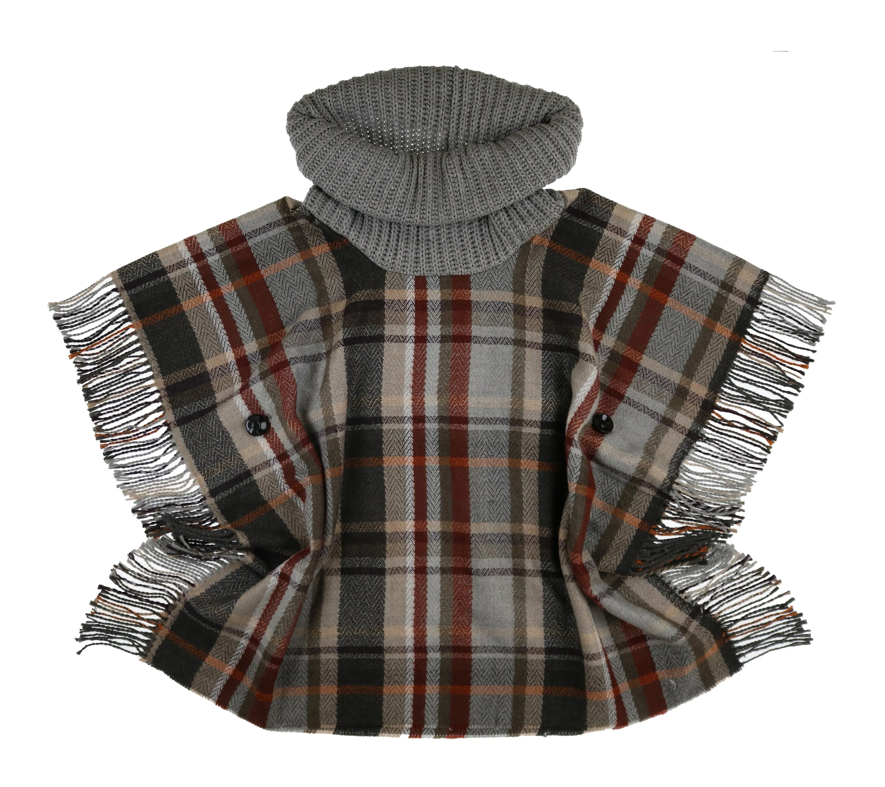 Tartan Cowl Neck Side Fringe Poncho