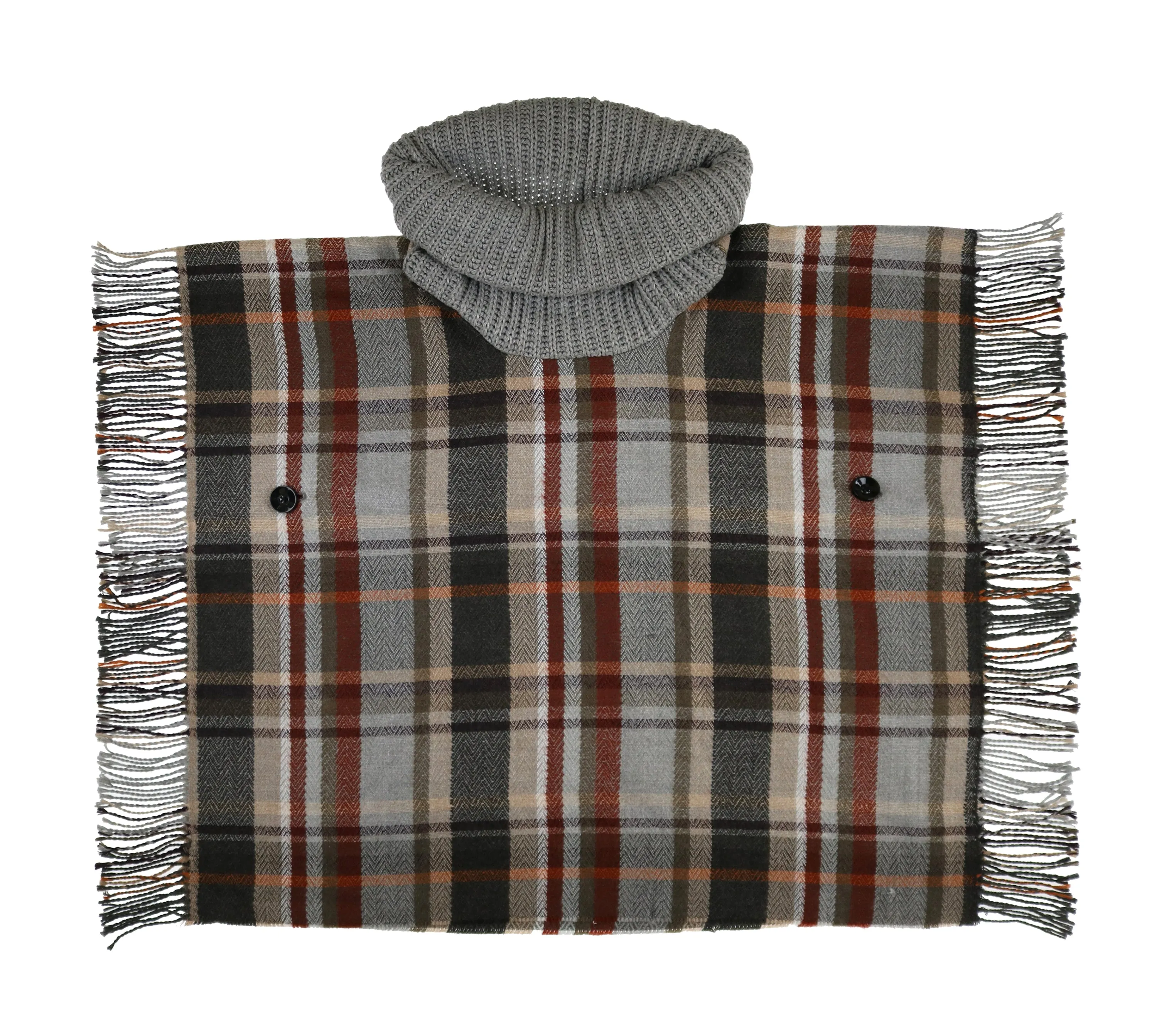 Tartan Cowl Neck Side Fringe Poncho