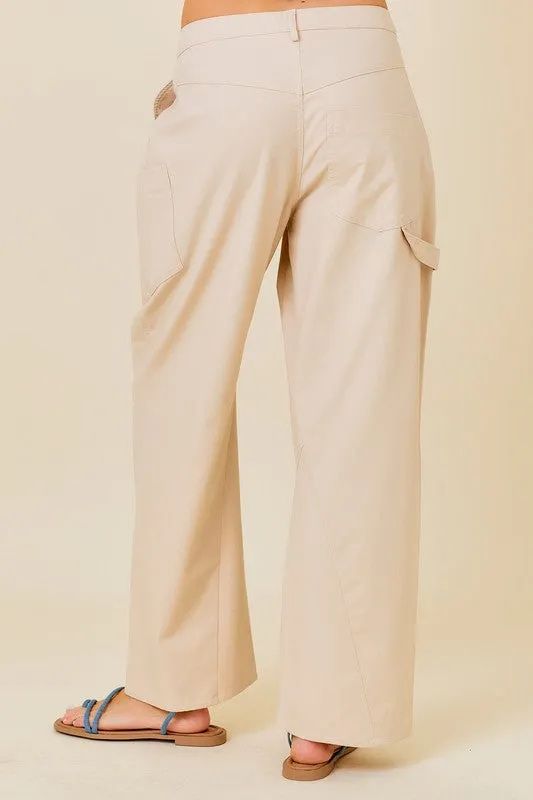 Taupe Overlap Waist Linen Pants With Pocket