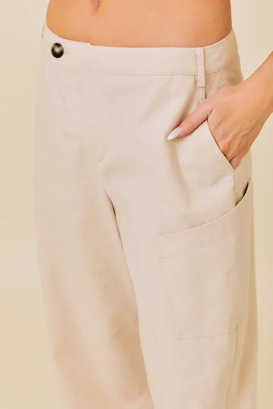 Taupe Overlap Waist Linen Pants With Pocket