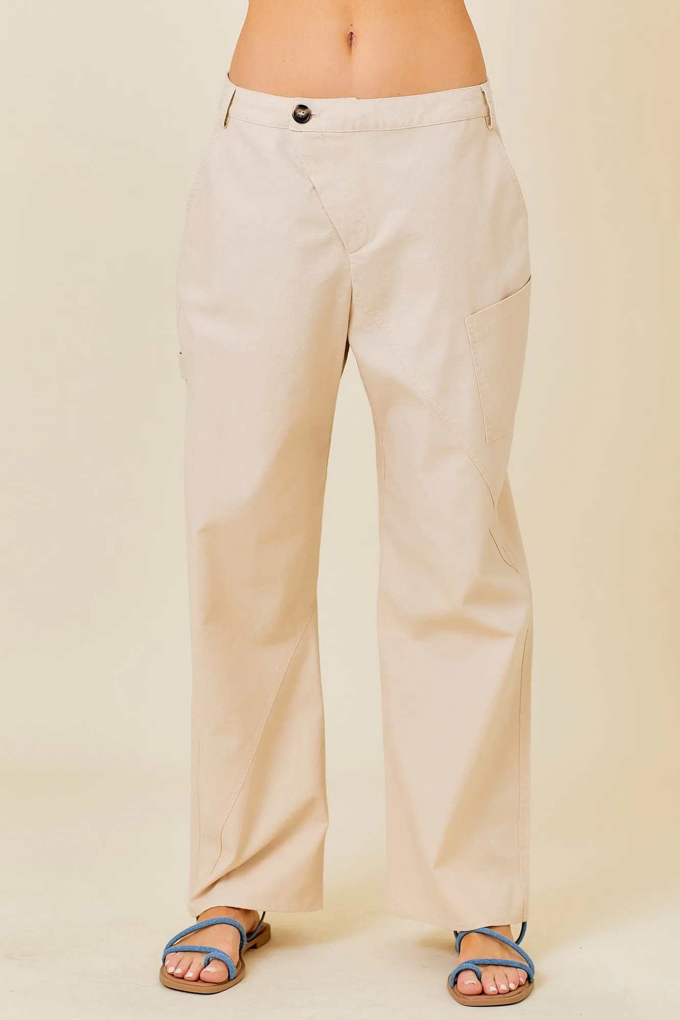 Taupe Overlap Waist Linen Pants With Pocket