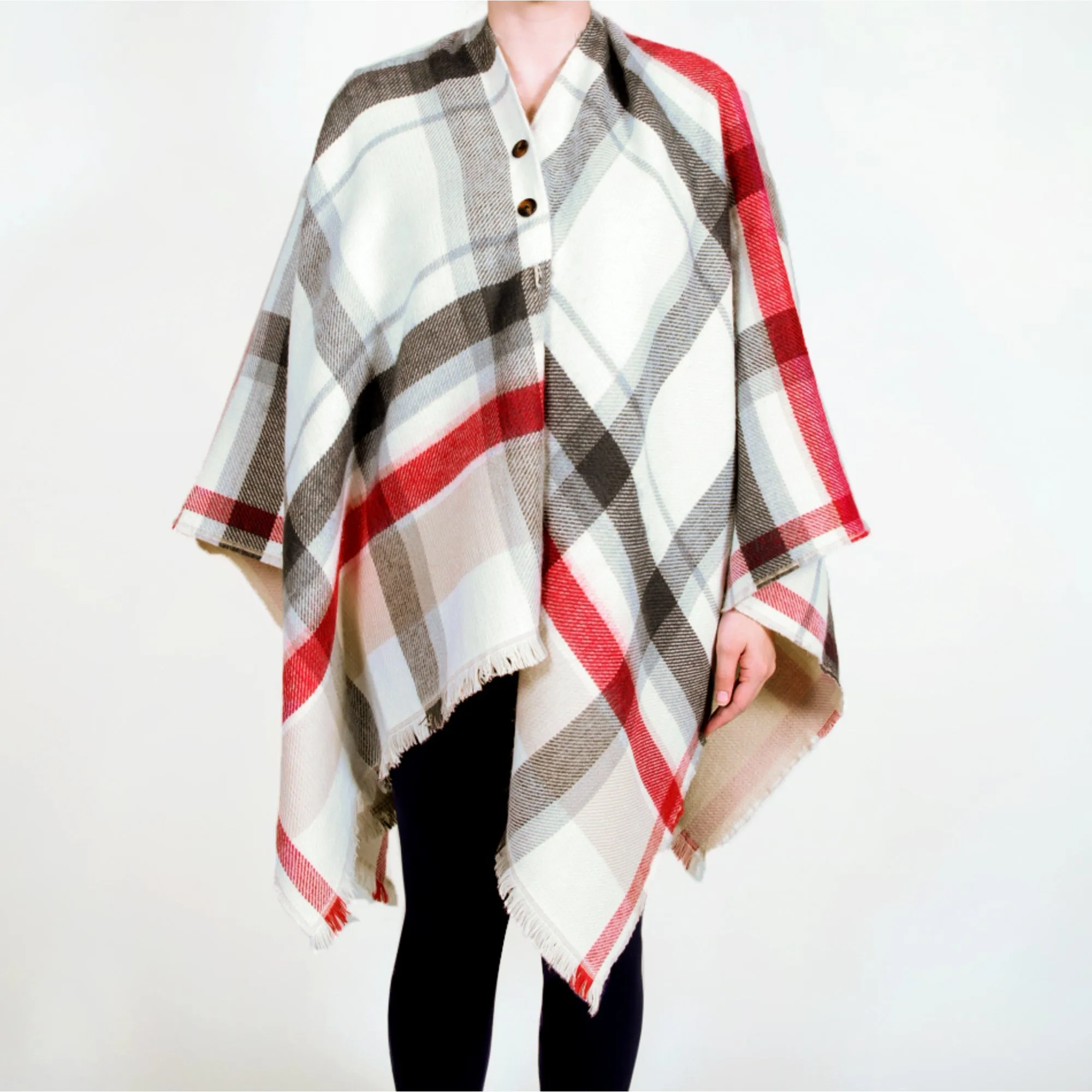 White, Black & Red Plaid 52" x 54" Ruana One Size Fits Most