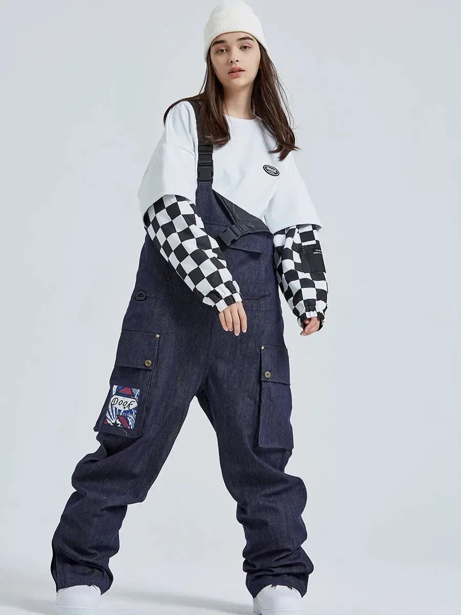 Women Ski Bibs Pants High Waist Tooling Big Pockets