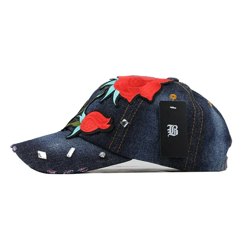 Won't Let You Down Fall Rose Flower Denim Baseball Cap