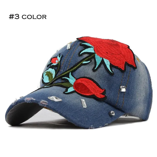 Won't Let You Down Fall Rose Flower Denim Baseball Cap