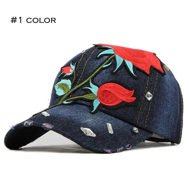 Won't Let You Down Fall Rose Flower Denim Baseball Cap