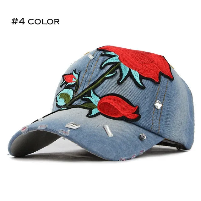 Won't Let You Down Fall Rose Flower Denim Baseball Cap